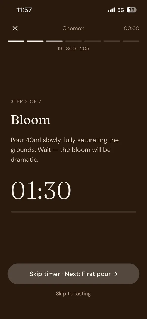 Coffee Brew Coach brew-along timer counting down a 90-second bloom, step 3 of 7