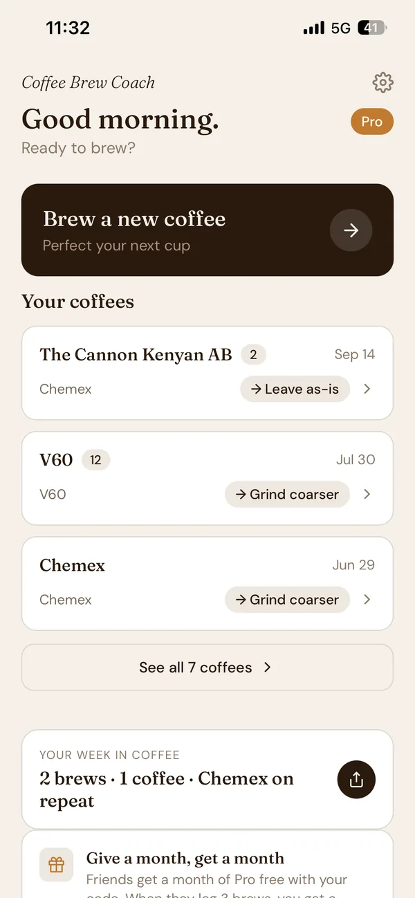 Coffee Brew Coach home screen listing your coffees, each with its next tweak: grind coarser, leave as-is, grind finer