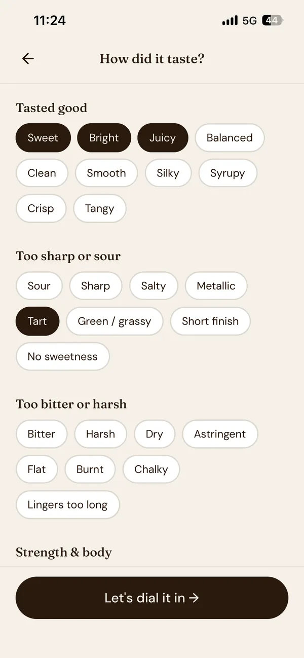 Coffee Brew Coach tasting screen — tap what you noticed: bright, thick, tart, bitter, weak, and more